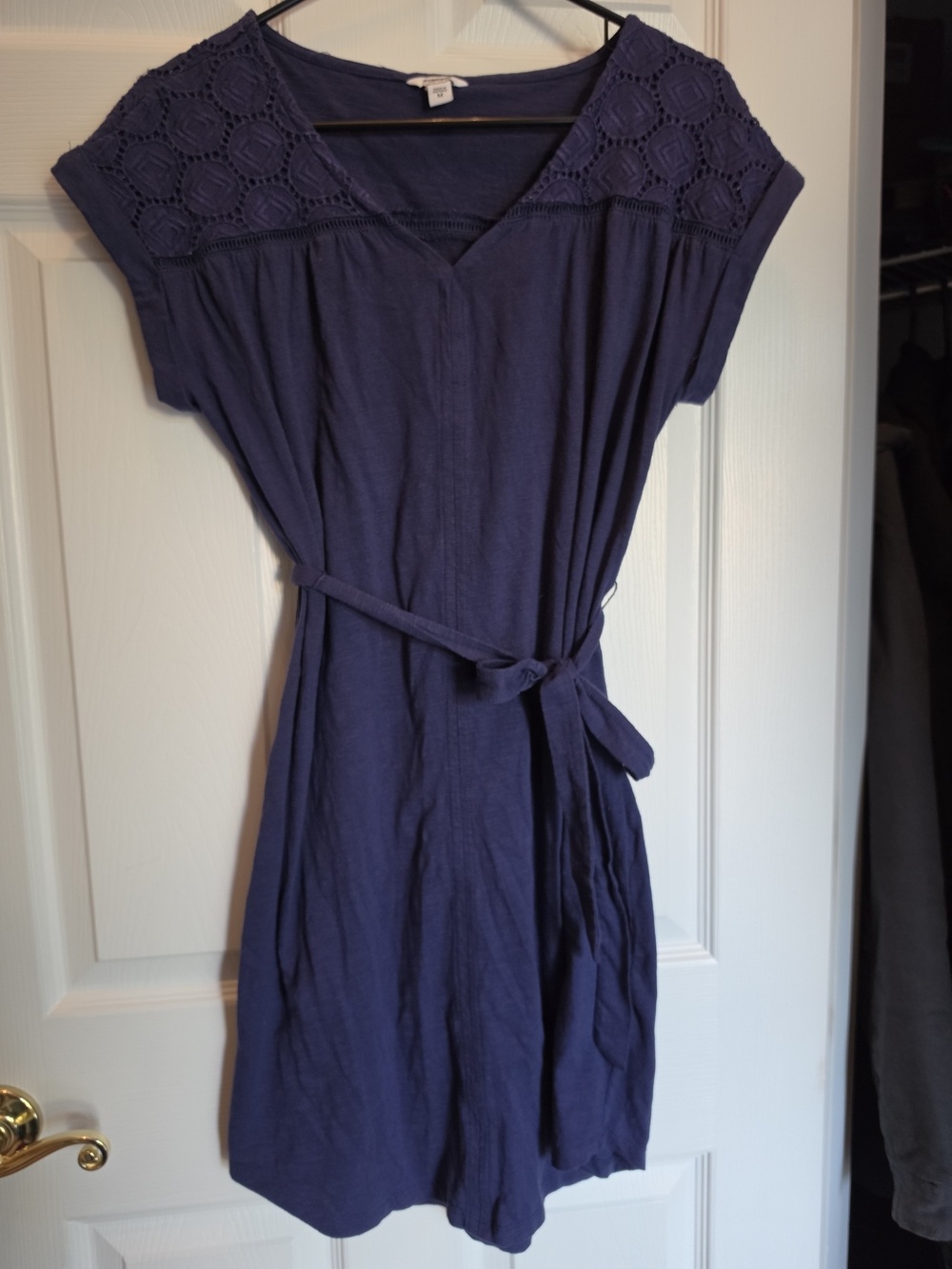 Sonoma Navy Blue Crochet Textured Shift Dress with Belt Short Sleeve M